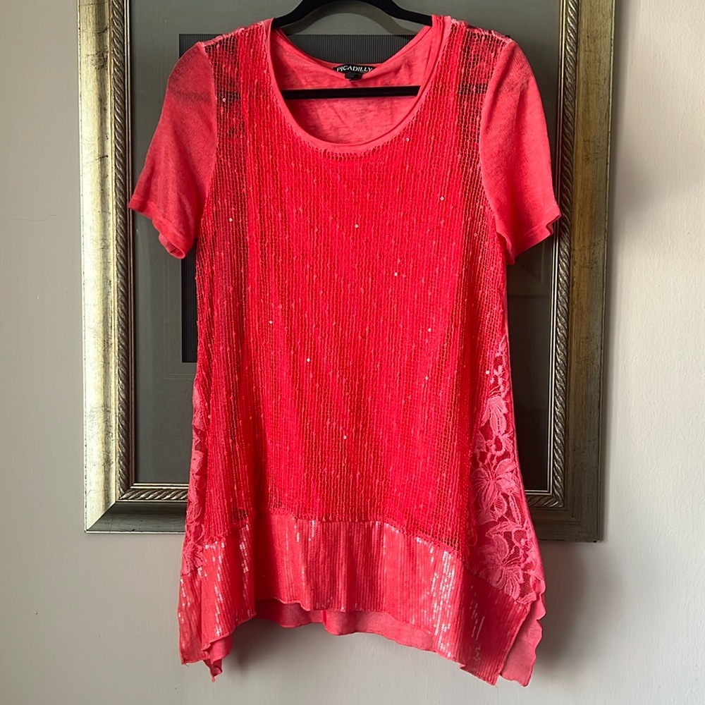NWT Picadilly Fashion Orange Beaded Tunic Top and Matching Camisole Small